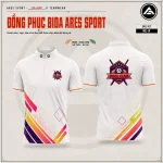 Áo bida Classic Prime nền trắng phối vạch cầu vồng, cổ dây kéo, logo Pool Club, mặt trước và mặt sau — ARES SPORT