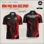 Áo bida Crimson Claw nền đen phối vệt đỏ tóe dạng vết cào, logo Billiards Club, mặt trước và mặt sau — ARES SPORT