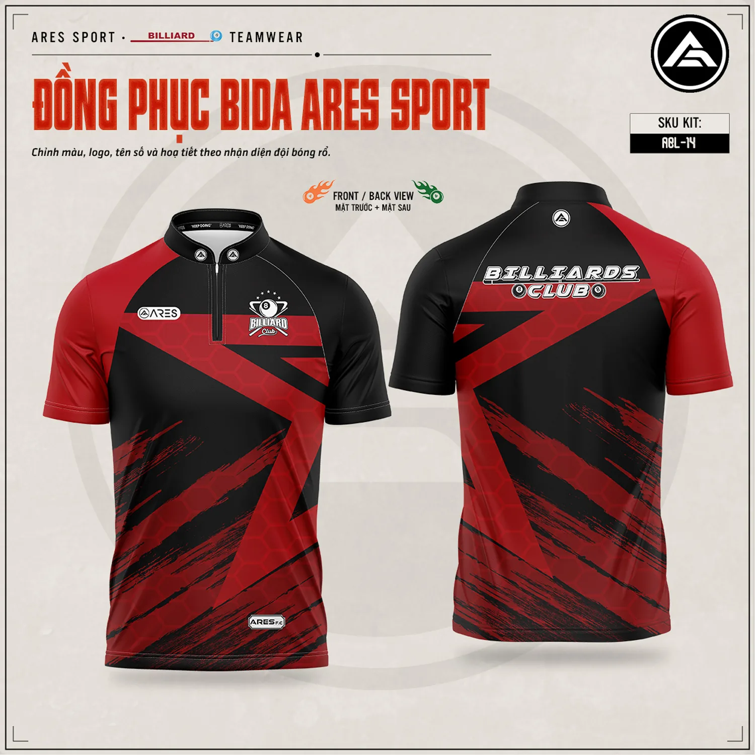 Áo bida Hex Force Áo bida Hex Force nền đen phối khối đỏ gãy góc trên lưới tổ ong, logo Billiards Club, mặt trước và mặt sau — ARES SPORT
