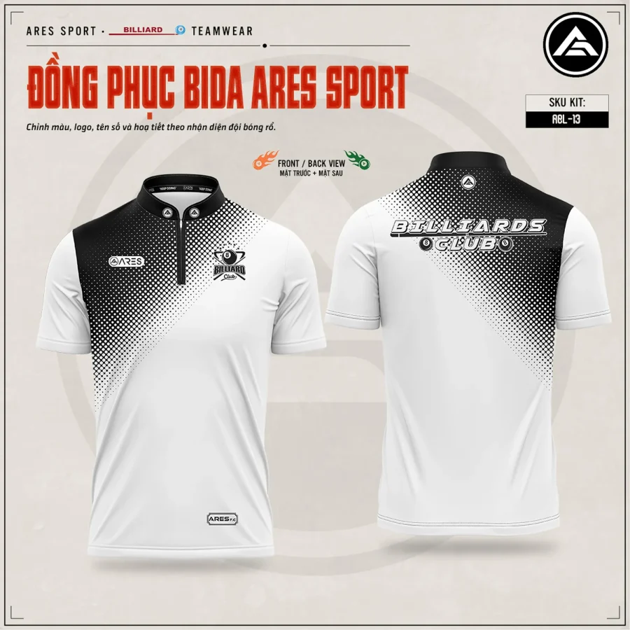 Áo bida Mono Fade nền trắng phối dải halftone đen chuyển sắc, logo Billiards Club, mặt trước và mặt sau — ARES SPORT