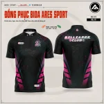 Áo bida Neon Drift nền đen phối dải magenta xanh ngọc, chấm halftone, logo Billiards Club, mặt trước và mặt sau — ARES SPORT