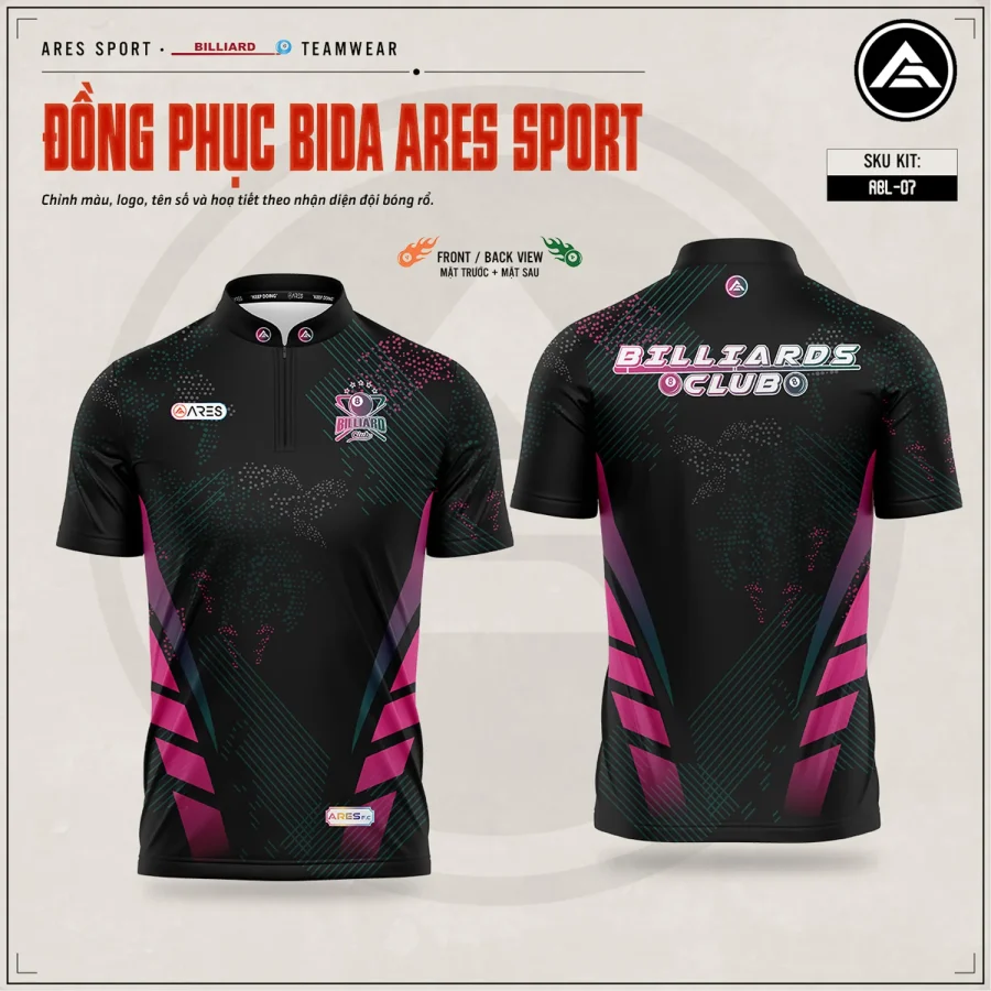 Áo bida Neon Drift nền đen phối dải magenta xanh ngọc, chấm halftone, logo Billiards Club, mặt trước và mặt sau — ARES SPORT