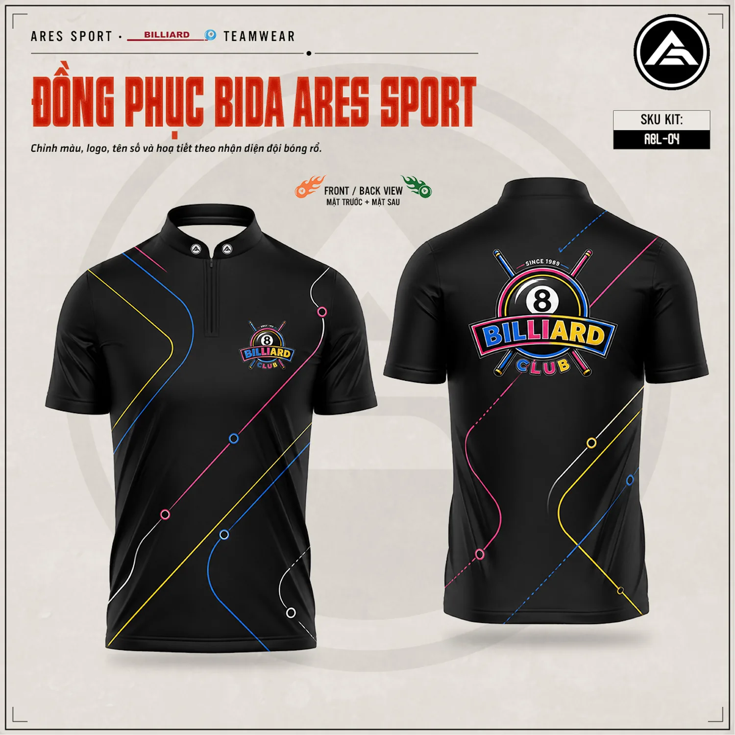Áo bida Neon Impact Áo bida Neon Impact nền đen phối đường cơ bốn sắc xanh hồng vàng, logo Billiard Club, mặt trước và mặt sau — ARES SPORT