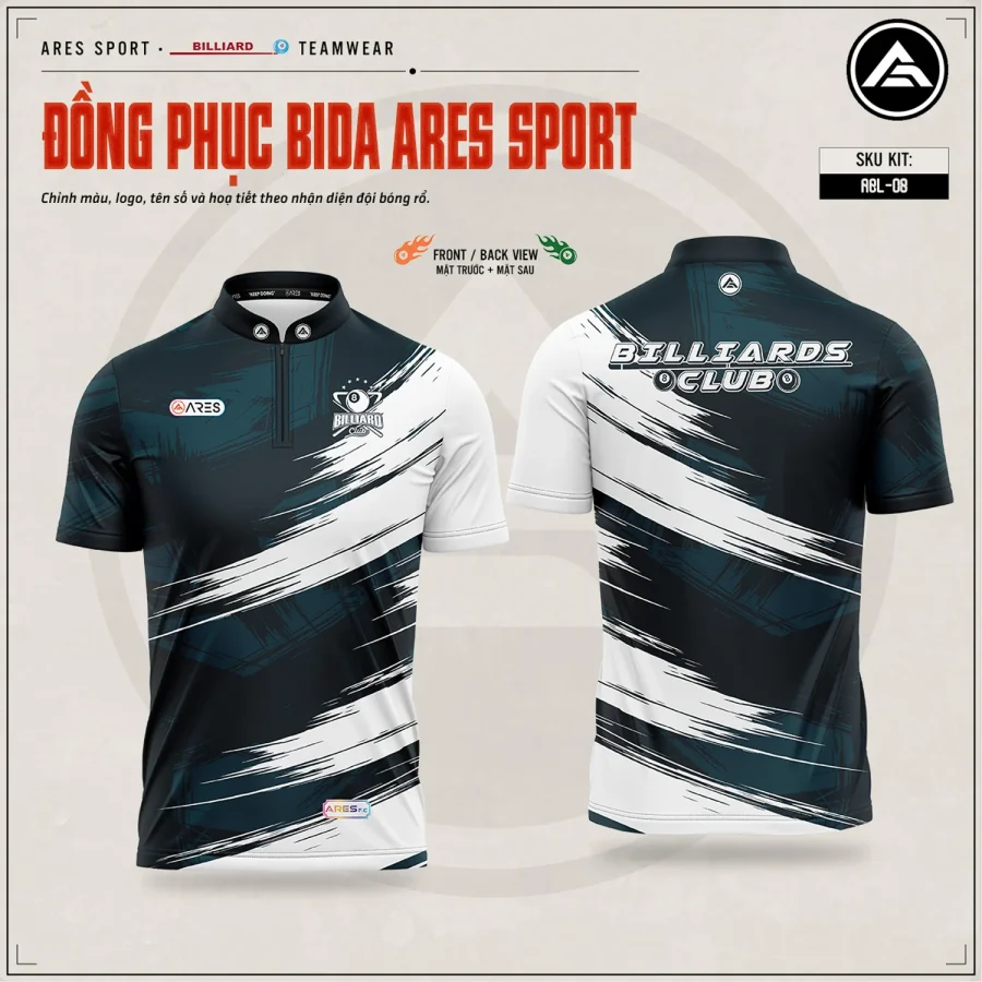 Áo bida Storm Brush nền navy đậm phối nhát cọ trắng quét chéo, logo Billiards Club, mặt trước và mặt sau — ARES SPORT
