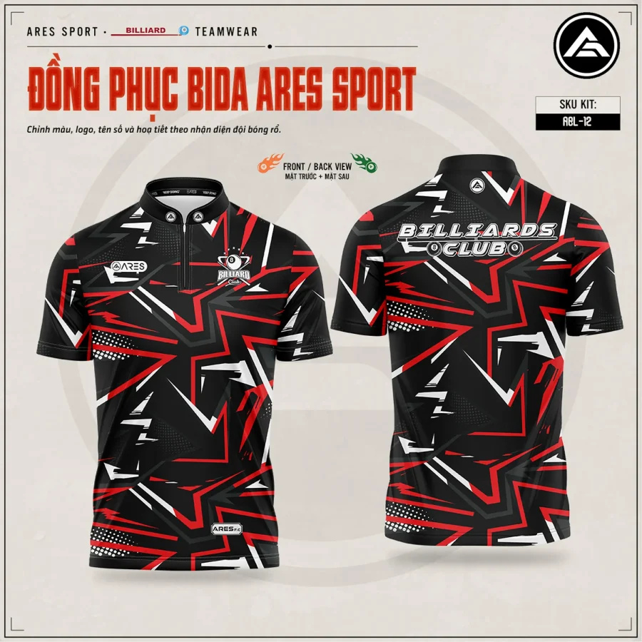 Áo bida Vector Blitz nền đen phối khối gãy góc đỏ trắng, halftone, logo Billiards Club, mặt trước và mặt sau — ARES SPORT