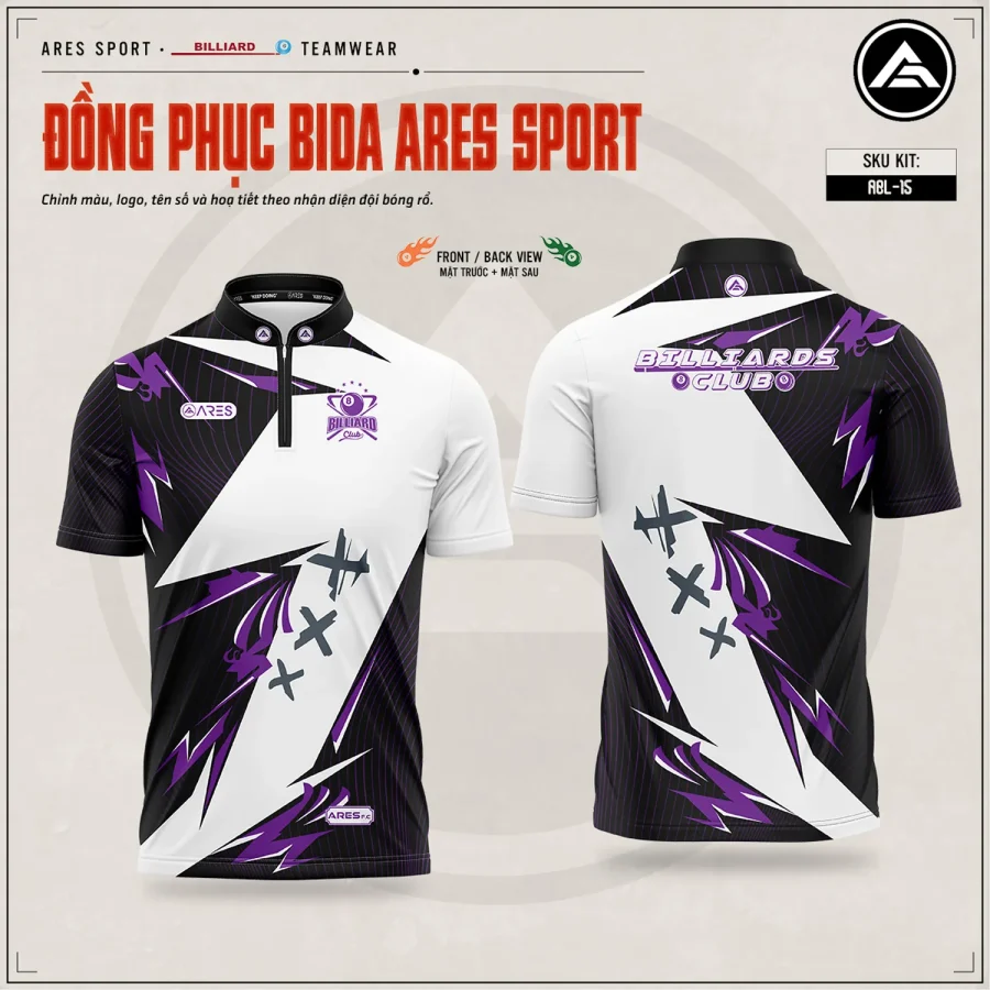 Áo bida Violet Bolt nền đen trắng phối tia sét tím gãy khúc, logo Billiards Club, mặt trước và mặt sau — ARES SPORT