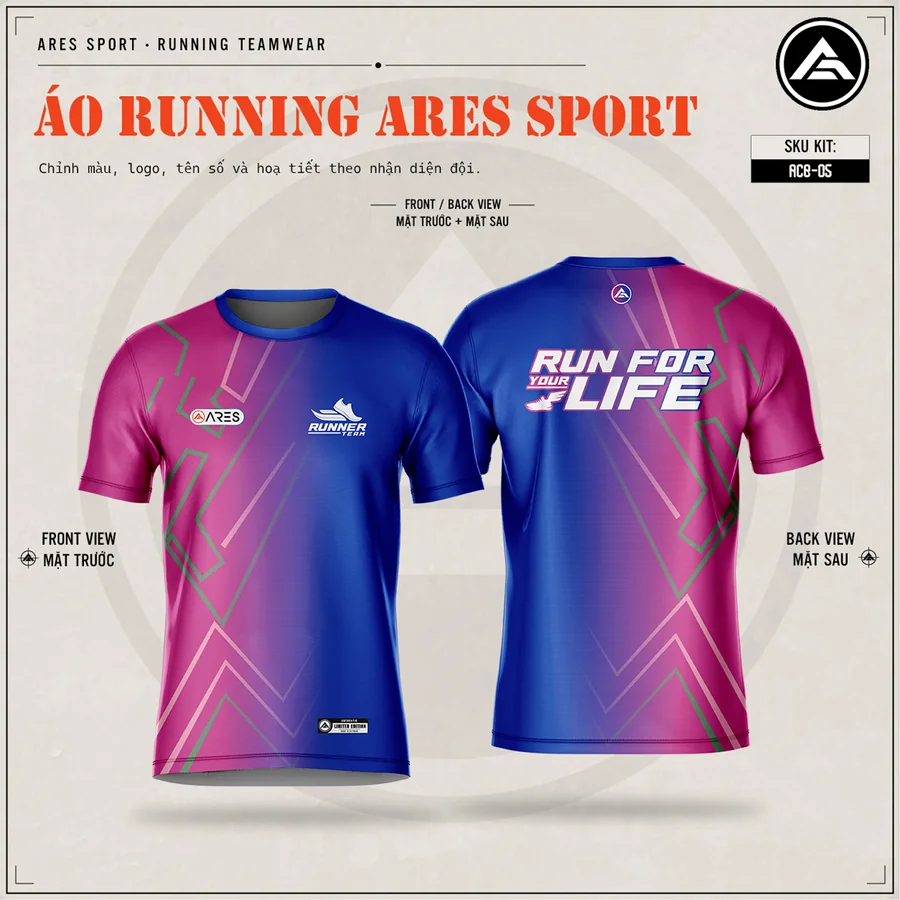 Áo chạy bộ Run For Your Life gradient hồng tím xanh dương của Ares Sport, thiết kế running teamwear tùy chỉnh màu, logo, tên số theo yêu cầu