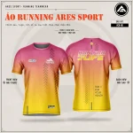 Áo chạy bộ Sunrise Burn gradient hồng chuyển vàng cam của Ares Sport, thiết kế running teamwear tùy chỉnh màu, logo, tên số theo yêu cầu