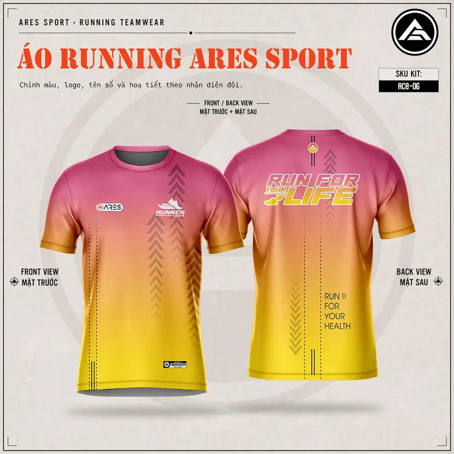 Áo chạy bộ Sunrise Burn gradient hồng chuyển vàng cam của Ares Sport, thiết kế running teamwear tùy chỉnh màu, logo, tên số theo yêu cầu