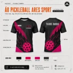 Áo pickleball cổ tròn đen phối hồng họa tiết bóng lửa, thiết kế theo yêu cầu tại ARES