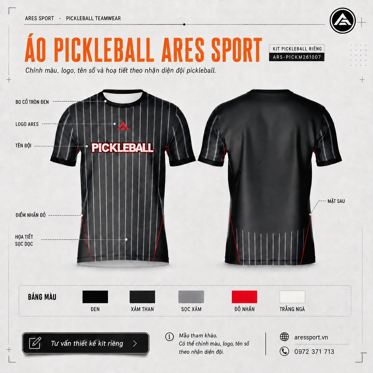 Áo Pickleball ARES Iron Stripe – Sắc đen thép bền Áo pickleball đen sọc dọc điểm nhấn đỏ, thiết kế theo yêu cầu cho đội nhóm tại ARES