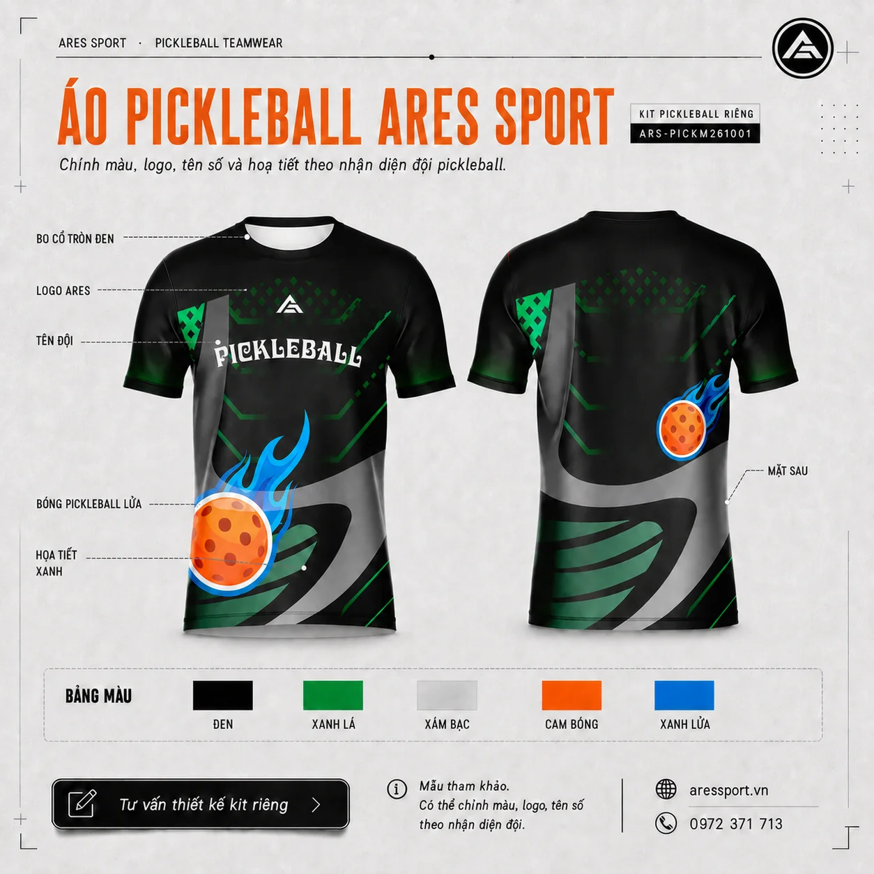 Áo Pickleball ARES Nightfall – Sắc đen bền bỉ Áo pickleball đen phối xanh lá họa tiết bóng lửa, thiết kế theo yêu cầu tại ARES