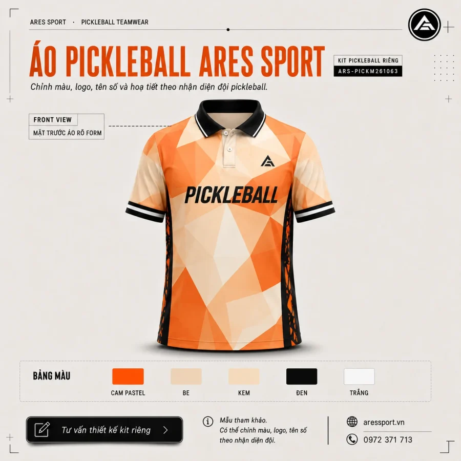 Áo Pickleball ARES Low Poly Cam Pastel mặt trước, cổ polo 2 nút viền đen trắng, thiết kế theo yêu cầu tại ARES