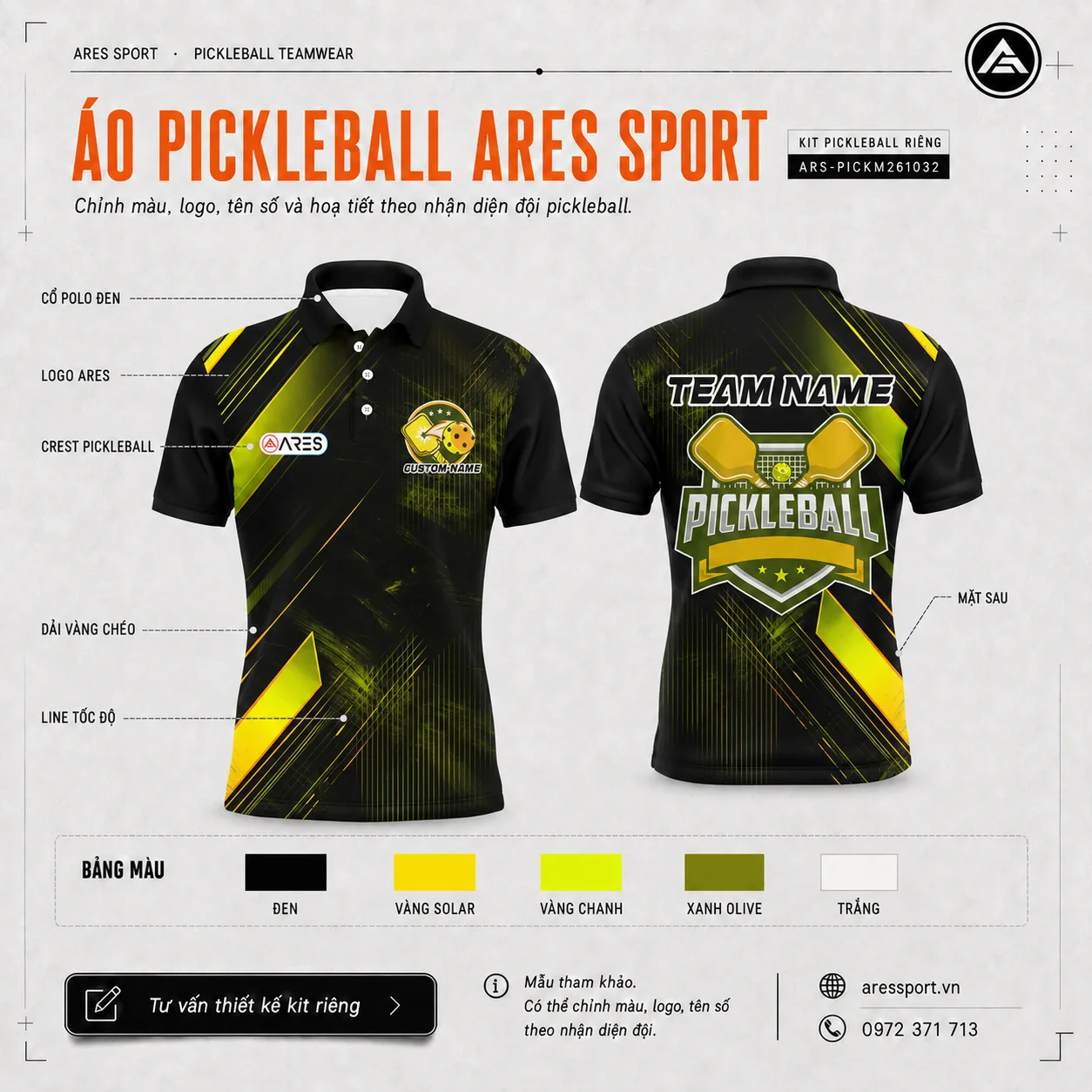 Áo Pickleball Solar Smash – Sức nóng thi đấu Áo polo pickleball đen dải vàng chéo tốc độ, thiết kế theo yêu cầu cho đội nhóm tại ARES