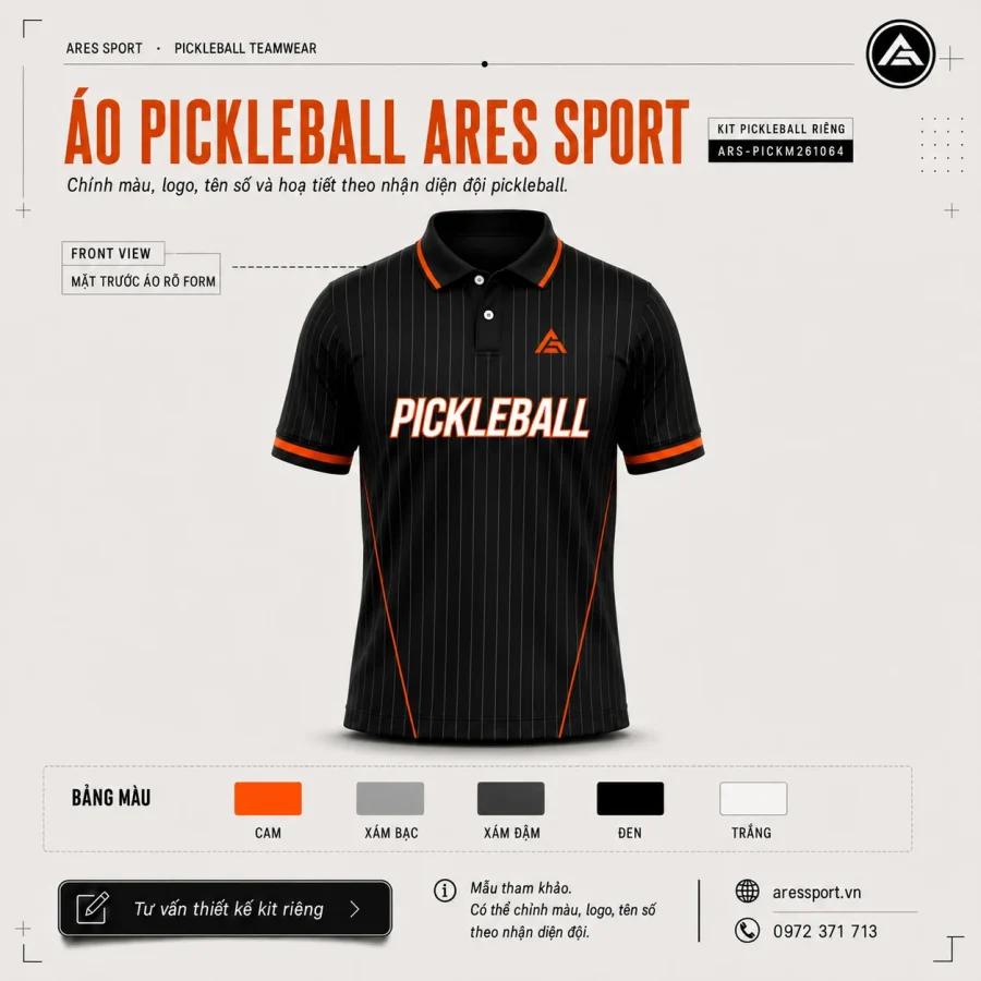 Áo polo pickleball đen pinstripe viền cam mặt trước, cổ polo 2 nút, thiết kế theo yêu cầu tại ARES