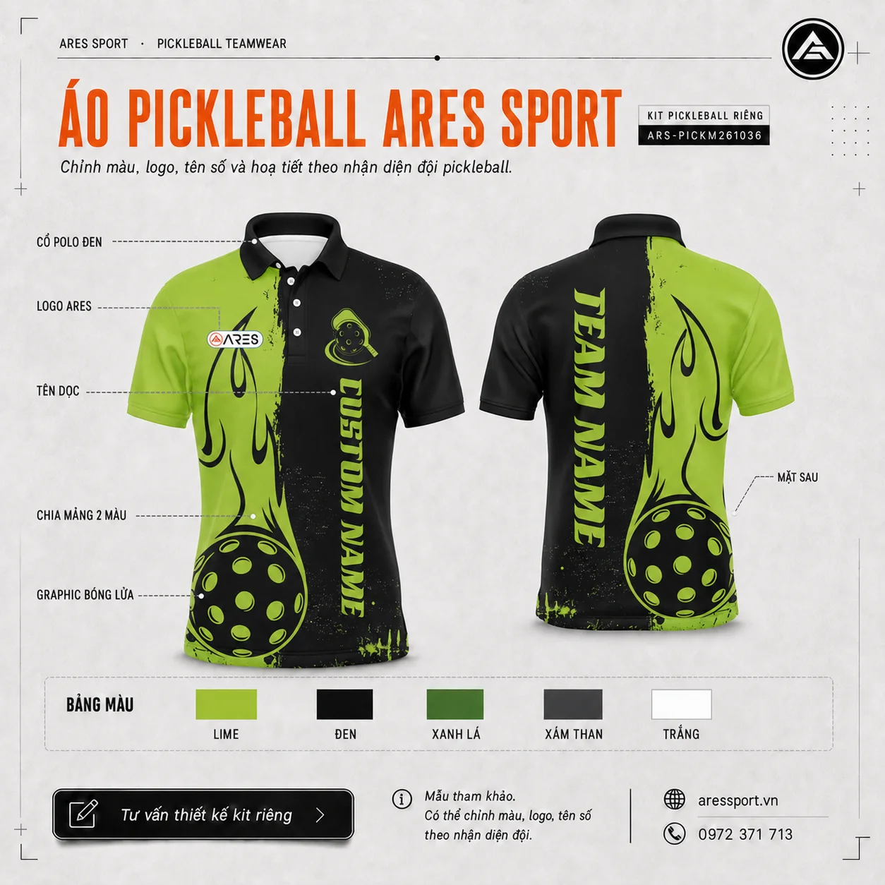 Áo Pickleball Inferno Blaze – Ngọn lửa bùng cháy Áo polo pickleball xanh lime phối đen họa tiết bóng lửa, thiết kế theo yêu cầu tại ARES