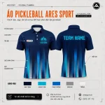 Áo polo pickleball navy sọc gradient xanh cyan, thiết kế theo yêu cầu cho đội nhóm tại ARES