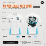 Áo polo pickleball trắng phối xanh cyan họa tiết vợt mặt sau, thiết kế theo yêu cầu tại ARES