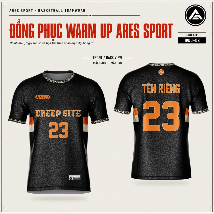 Áo warmup bóng rổ Creep Site mặt trước và mặt sau, phối đen – cam, damask floral chìm, in tên số 23 theo đội