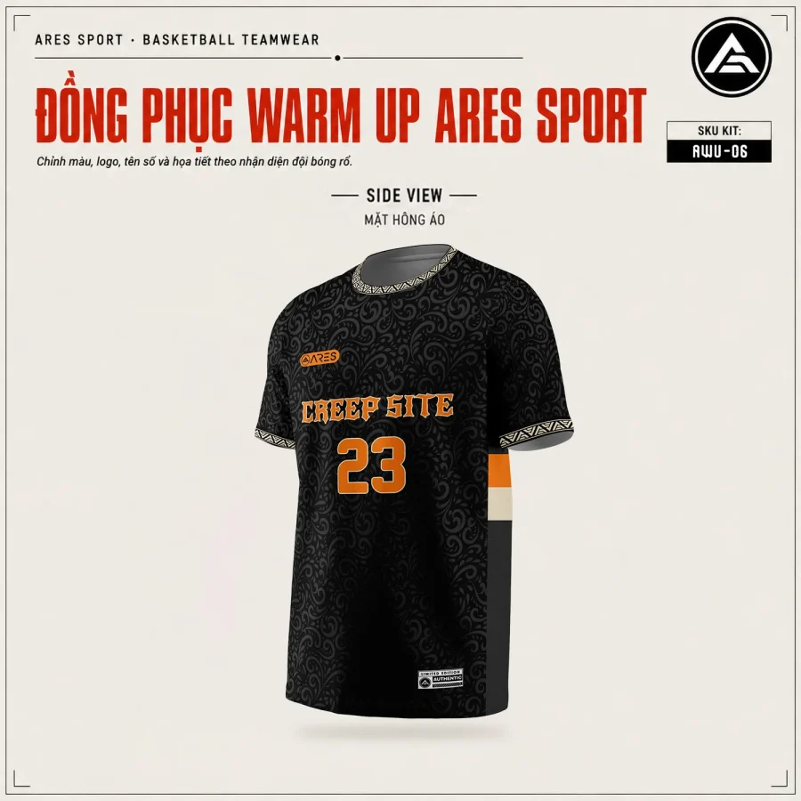 Áo warmup bóng rổ Creep Site nhìn từ mặt hông, dải cam – kem ở tay, damask chìm nền đen