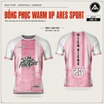 Áo warmup bóng rổ Fire Rose mặt trước và mặt sau, phối hồng – trắng, greek-key và logo hoa hồng, in tên số 23 theo đội