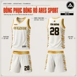 Đồng phục bóng rổ Golden Blaze Trắng Vàng, họa tiết lửa vàng gold trên nền trắng, áo số 28 mặt trước mặt sau