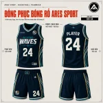 Bộ đồng phục bóng rổ Mekong Waves Navy Teal, áo số 24 in tên đội, thiết kế theo yêu cầu tại ARES SPORT