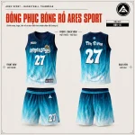 Đồng phục bóng rổ Night Flame Xanh Dương, gradient navy sang xanh trắng họa tiết ngọn lửa, áo số 27 mặt trước mặt sau