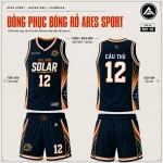Bộ đồng phục bóng rổ Sài Gòn Solar navy cam, áo số 12 in tên đội, thiết kế theo yêu cầu tại ARES SPORT