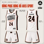 Bộ đồng phục bóng rổ Saigon Street Hoops trắng, áo số 24 in tên đội, thiết kế theo yêu cầu tại ARES SPORT