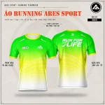 Áo chạy bộ Neon Sprint xanh lá neon chuyển vàng trắng, vòng cung chấm li ti, tay ngắn cổ viền vàng, mockup trước sau