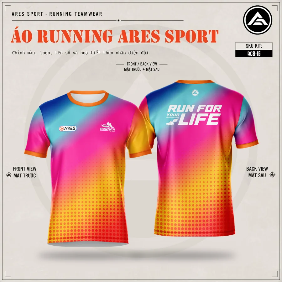 Áo chạy bộ Prism Glow quang phổ xanh ngọc hồng vàng cam, chấm bi halftone, tay ngắn cổ viền cam, mockup mặt trước sau