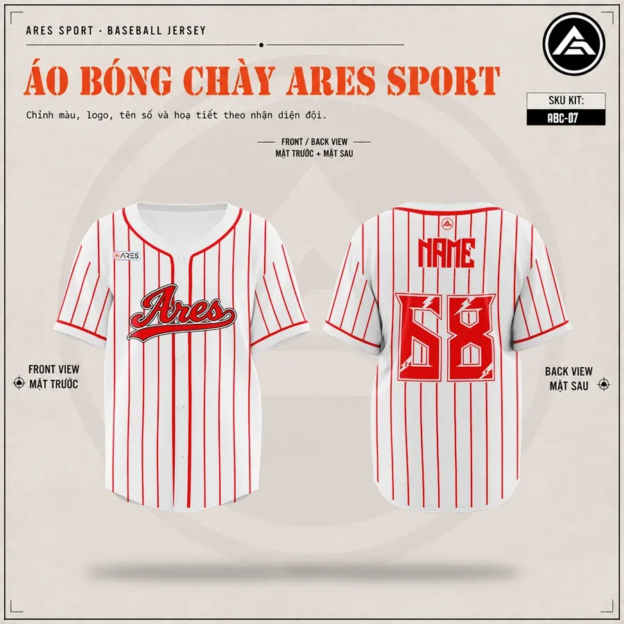 Áo lớp bóng chày Cherry Stripe trắng kẻ sọc đỏ, mặt trước và mặt sau in tên số