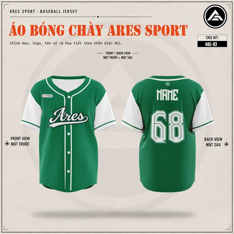 Áo lớp bóng chày Emerald Rush xanh lá phối tay trắng, mặt trước và mặt sau in tên số