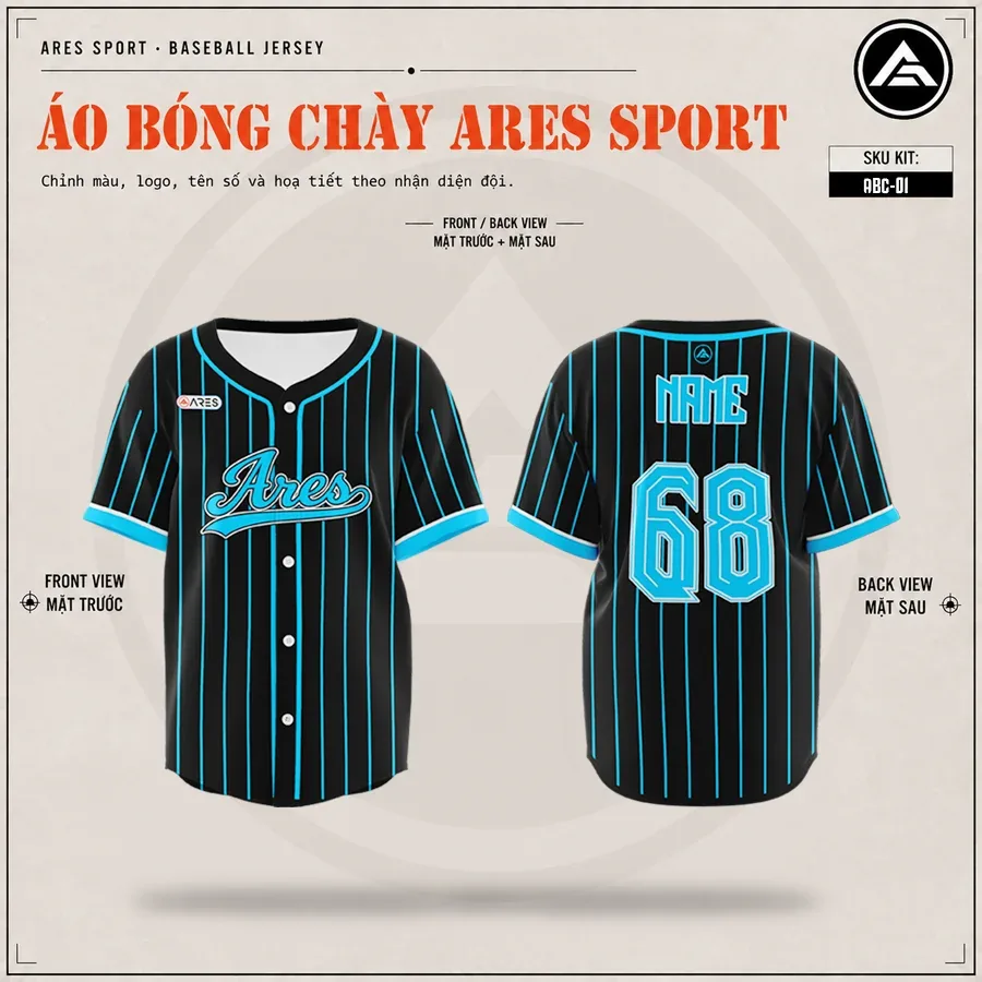 Áo lớp bóng chày Midnight Teal đen sọc xanh ngọc, mặt trước và mặt sau in tên số