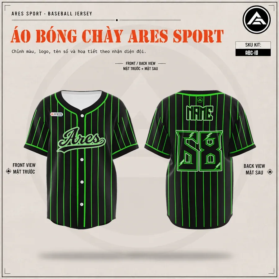 Áo lớp bóng chày Neon Strike đen kẻ sọc xanh neon, mặt trước và mặt sau in tên số