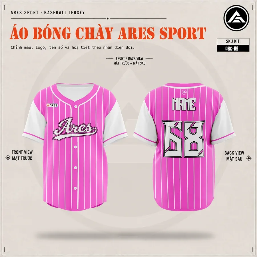 Áo lớp bóng chày Sakura Pink hồng kẻ sọc trắng, mặt trước và mặt sau in tên số