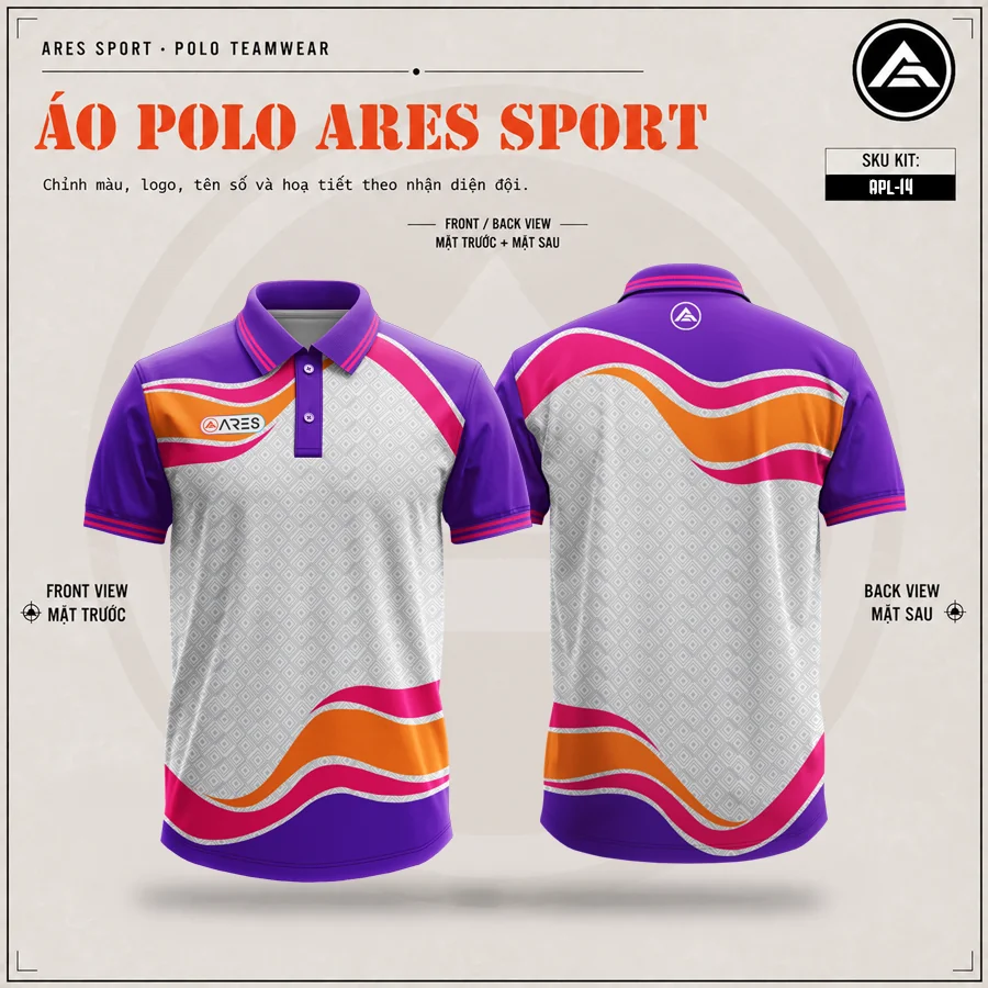 Mockup thiết kế áo polo đồng phục tím hồng cam sóng caro concept ARES, mã APL-14