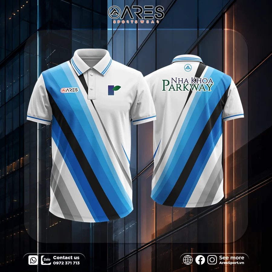 Áo polo đồng phục trắng xanh sọc chéo phối logo Nha khoa Parkway, demo nhận diện thương hiệu