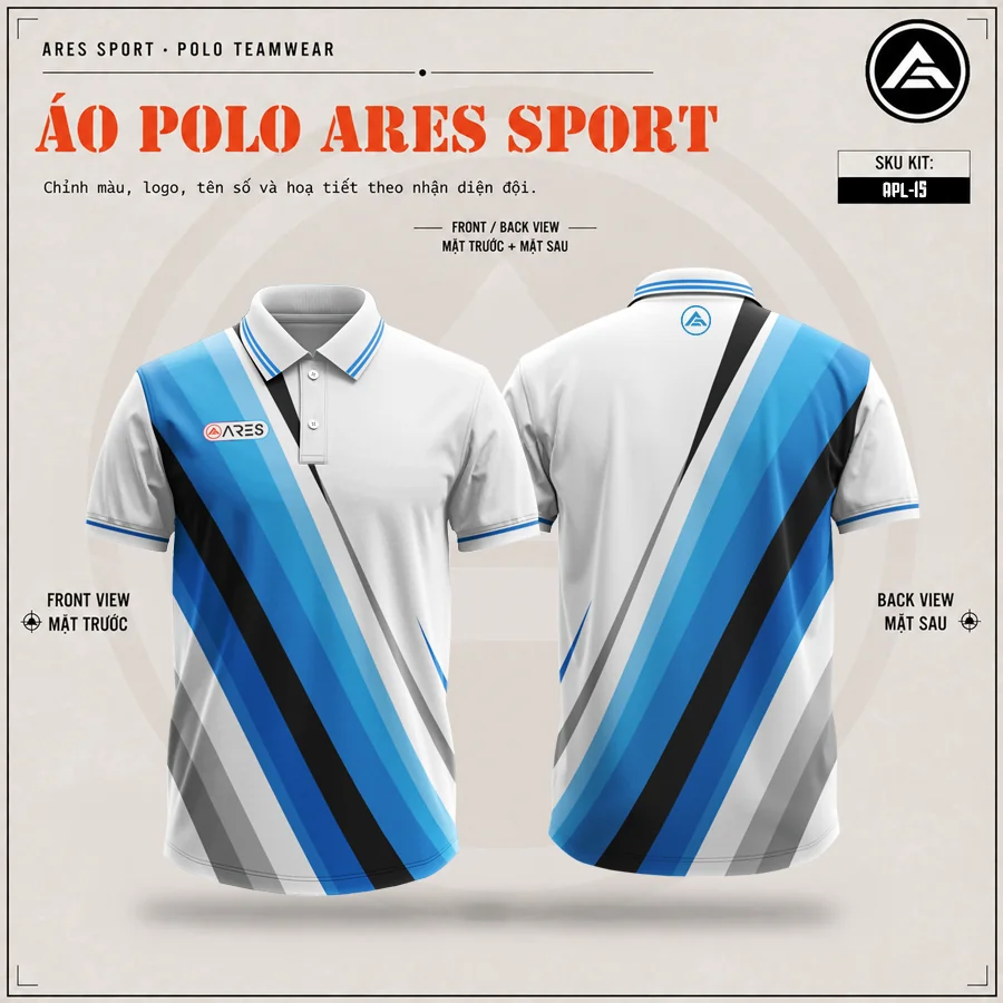 Mockup thiết kế áo polo đồng phục trắng xanh sọc chéo concept ARES, mã APL-15