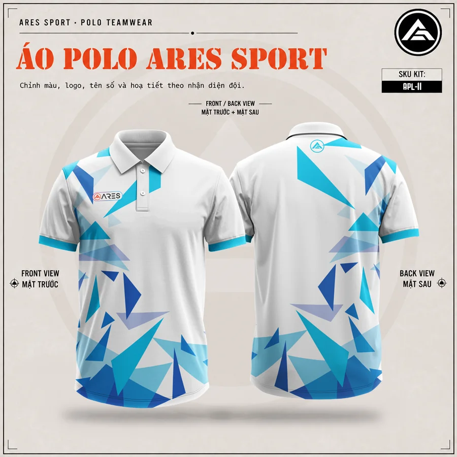 Mockup thiết kế áo polo đồng phục trắng xanh tam giác concept ARES, mã APL-11