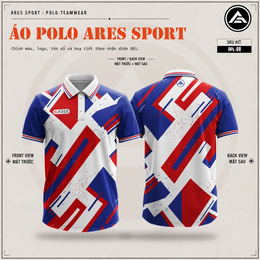Mockup thiết kế áo polo đồng phục xanh đỏ trắng thể thao concept ARES, mã APL-08