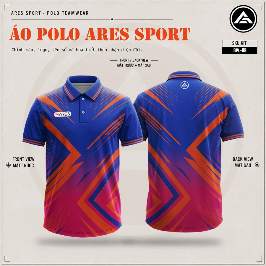 Mockup thiết kế áo polo đồng phục xanh dương hồng mũi tên concept ARES, mã APL-09