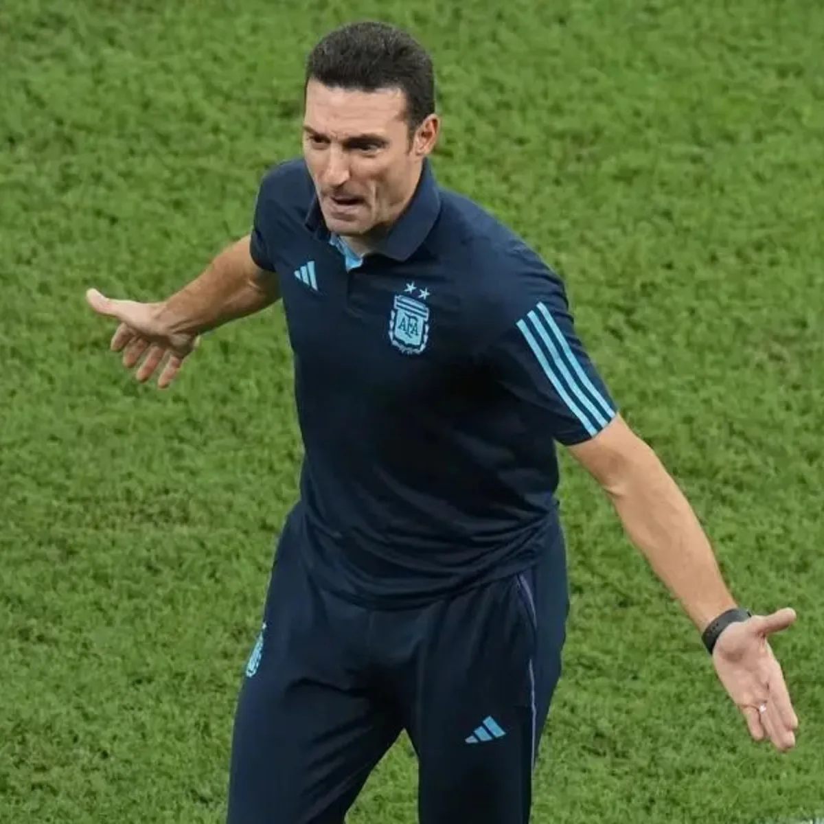 HLV Scaloni mặc áo polo adidas 2 sao chỉ đạo tuyển Argentina bên đường biên