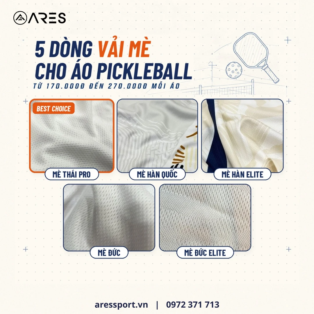 Cách chọn áo pickleball cho đội và CLB: kiểu cổ, vải, size, in tên Ảnh minh họa: ảnh cận 5 dòng vải mè ARES dùng may áo pickleball, Mè Thái Pro là Best Choice