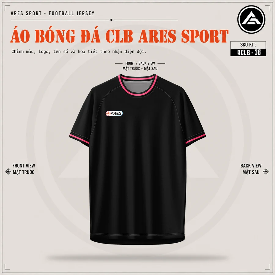Mặt trước áo đá banh CLB AC Milan đen, cổ tròn viền hồng, chưa in logo