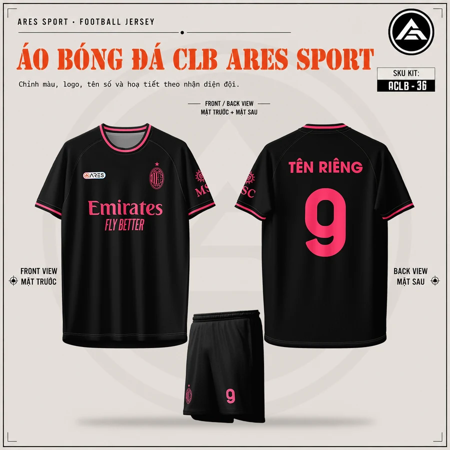 Áo bóng đá CLB AC Milan đen, mặt trước, mặt sau và quần đen in tên số 9