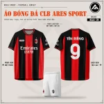 Áo bóng đá CLB AC Milan đỏ đen sọc, mặt trước, mặt sau và quần trắng in tên số 9