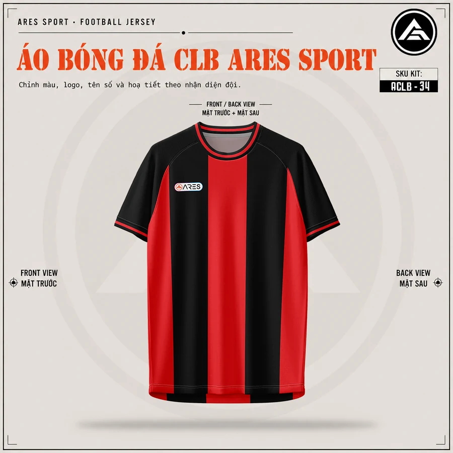 Mặt trước áo đá banh CLB AC Milan đỏ đen sọc, cổ tròn đen, chưa in logo