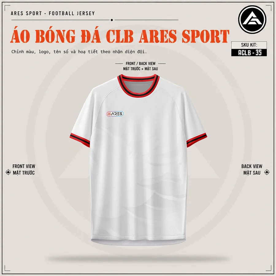Mặt trước áo đá banh CLB AC Milan trắng, cổ tròn viền đỏ, chưa in logo